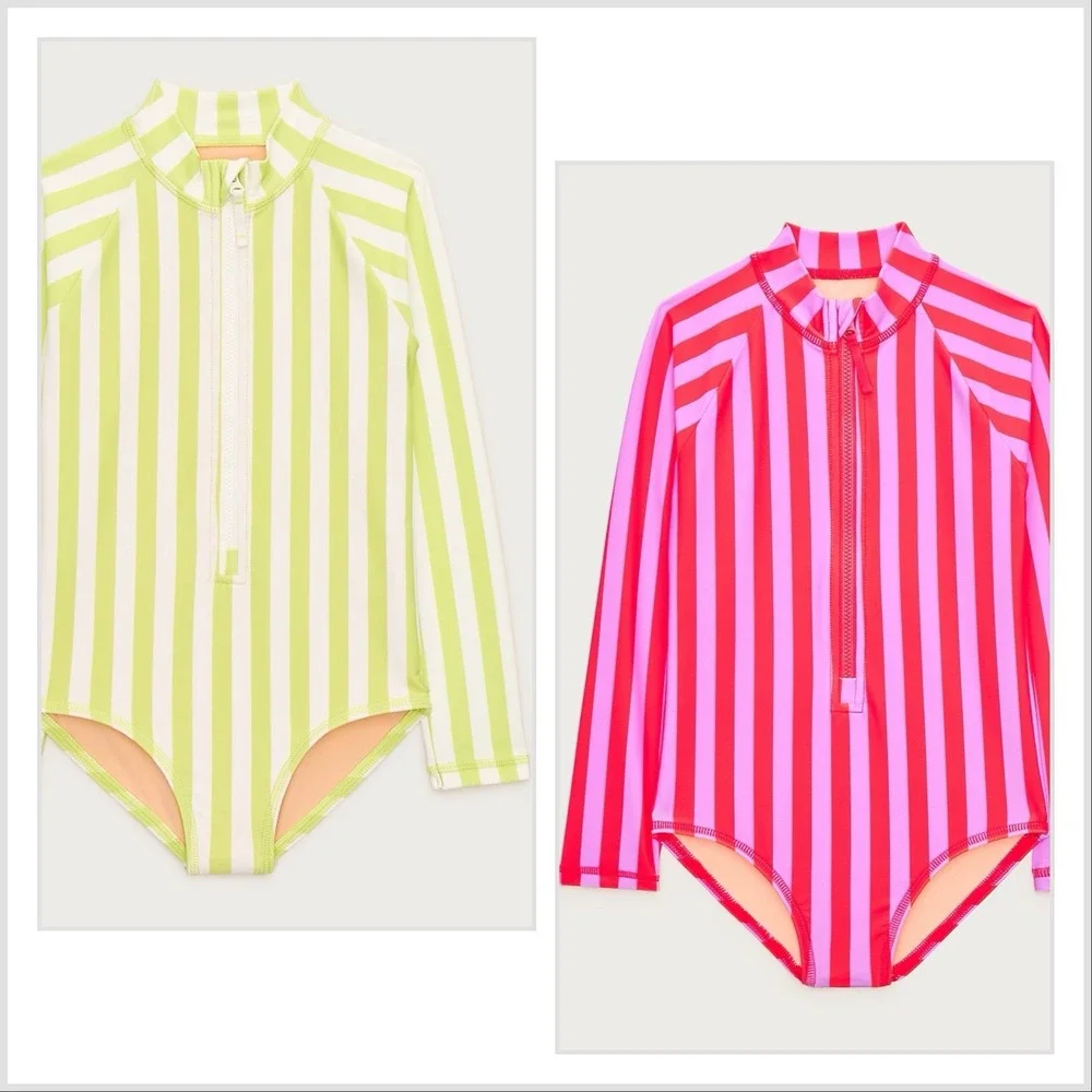 J Crew Crewcuts Girls Zip-Up Rash Guard UPF 50+ Swimsuits Size 8~LOT OF 2~ NWT